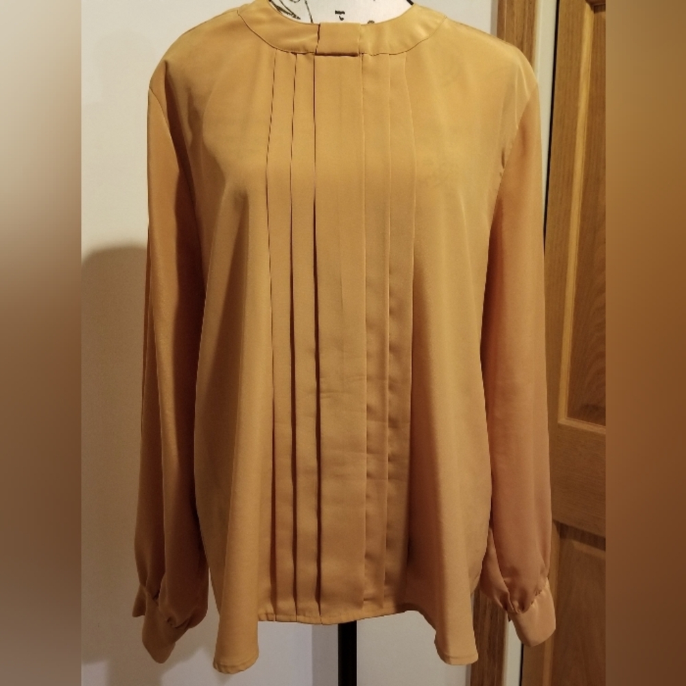 Jordan Mustard Yellow Pleated Pullover Longsleeve Button Formal Blouse Sz 12 Vtg